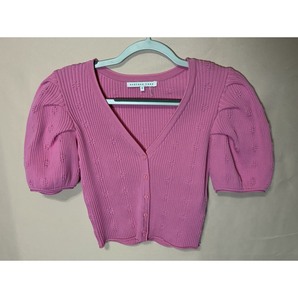Endless Rose Shirt  Pink Stretch Sweater Crop Top Short Puff Sleeve Size Small